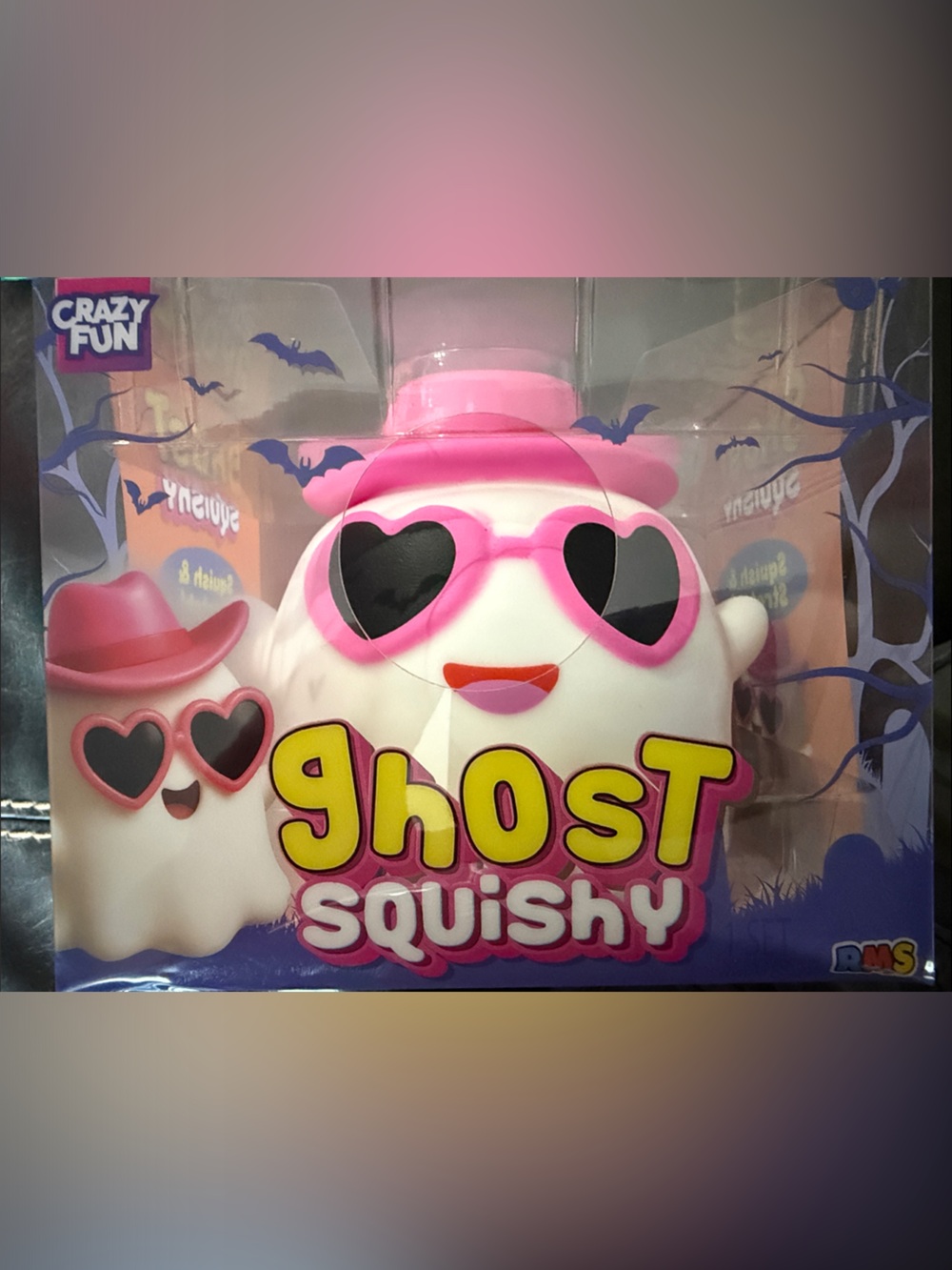 New Authentic RMS - Ghost Squishy Toy with Pink Hat and Cute Heart Sunglasses